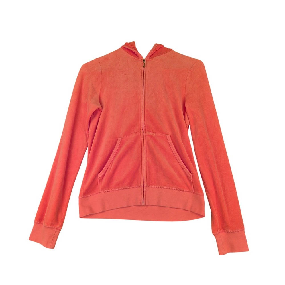 Juicy Couture Velour Zip Up Hoodie Coral Orange Studded Logo Y2K Womens Medium